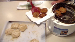 Frying crab cakes in deep fryer